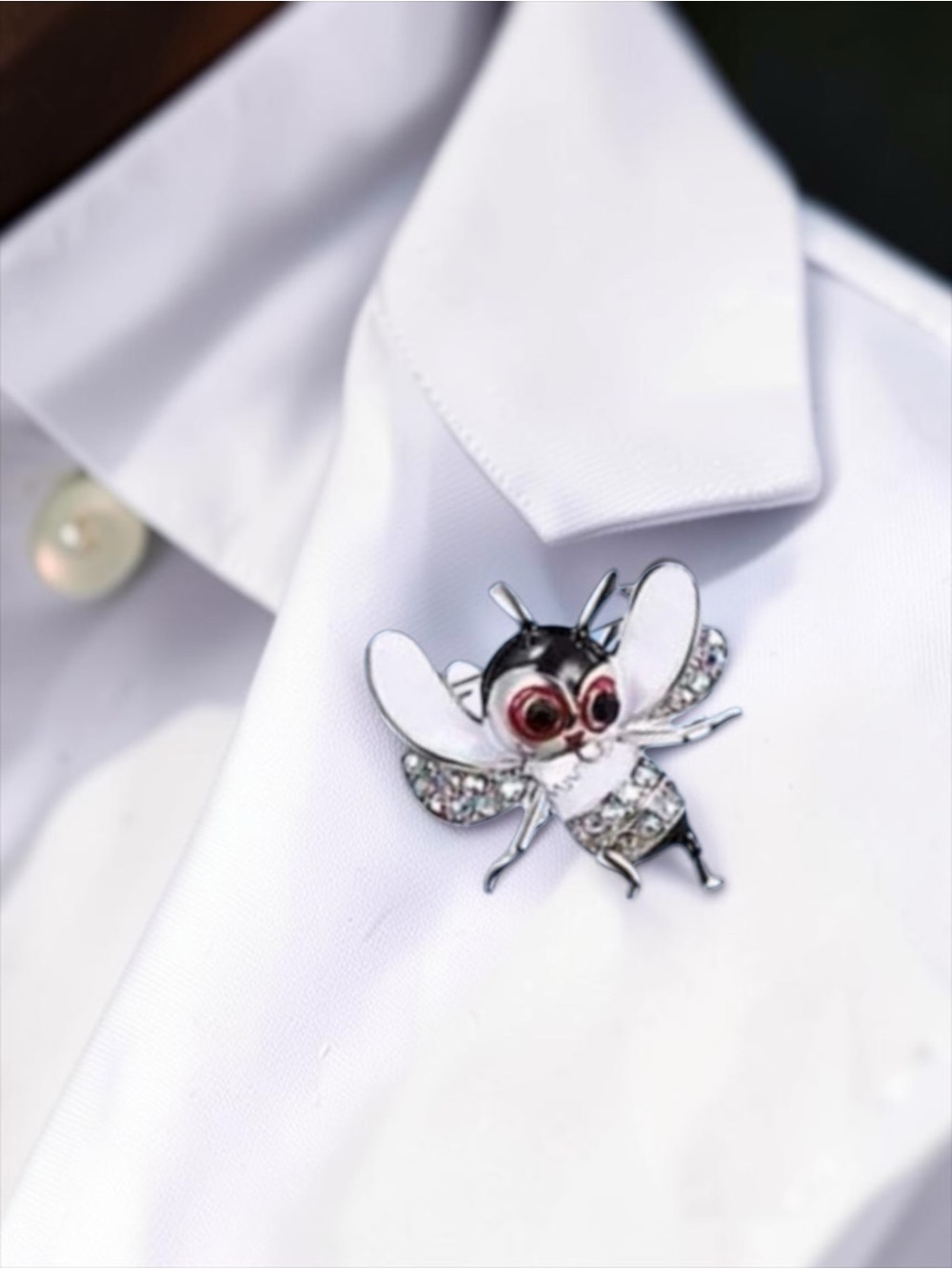 Cartoon Fly Pin With Crystal Wings & Tail, White, Black, Red, & Silver Brooch